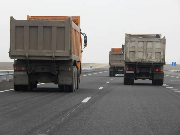 Damperli kamyonlar yolda. Mangistau bölge. Kazakistan.