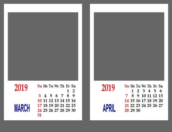 Mřížka Kalendáře Pro 2019 Dva Měsíce Jsou Březen Duben — Stock fotografie