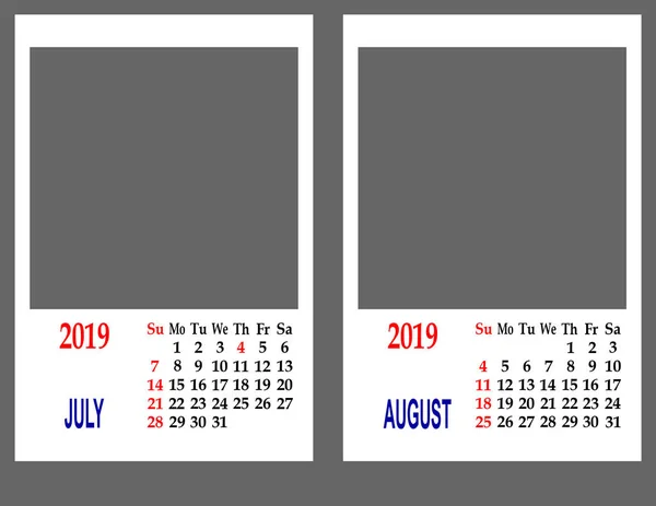 Siatki Kalendarza 2019 Dwa Miesiące Lipiec Sierpień — Zdjęcie stockowe