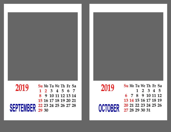 Siatki Kalendarza 2019 Dwa Miesiące Wrzesień Październik — Zdjęcie stockowe