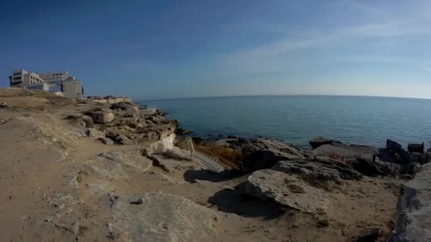 Walk Rocky Shore Caspian Sea Aktau Kazakhstan — Stock Video