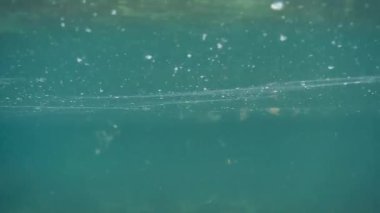 Aktau şehrinin kayalık kıyıları açıklarında Hazar Denizi. Kazakistan. Suyun altında ve üstünde.