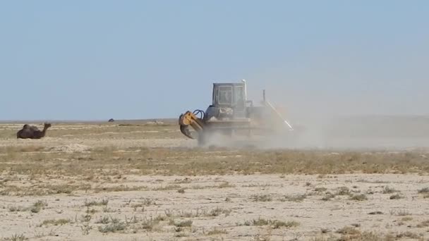 Bulldozer Stäpperna Nivå Platsen Kazakstan Oljefält Mangistau Regionen Augusti 2019 — Stockvideo