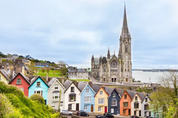 Cobh, İrlanda 'da katedral ve renkli evler