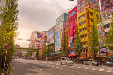 Tokyo, Japonya - 21 Nisan 2019: Akihabara bölgesinde yürüyen insanlar. Burası oyun ve anime dünyasının atmosferini yeniden yaratmasıyla ünlüdür..