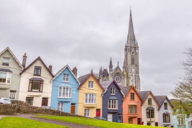 Cobh, İrlanda 'da katedral ve renkli evler