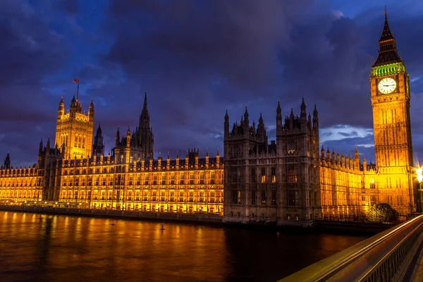 Parlamentet Big Ben Och Westminsterbron Natten London England — Stockfoto