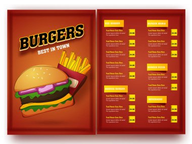 Burger yemek menüsü için restoran ve kafe. 
