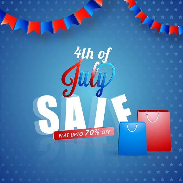 4th of July, American Independence Day celebration concept with bunting flags and shopping bags on blue background.