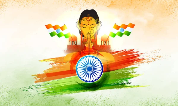 Mujer India Saludando Namaste Ashoka Rueda Ondeando Banderas Sobre Fondo — Vector de stock