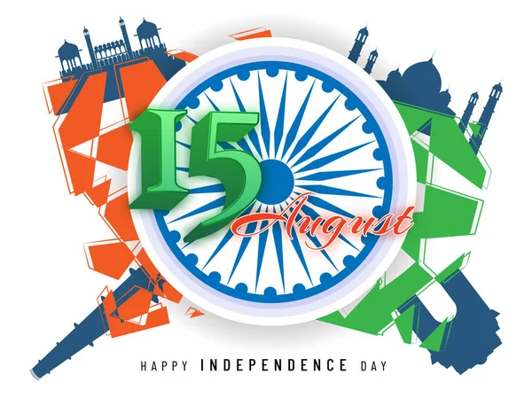 Conceito Celebração Dia Independência Índia Com Monumentos Famosos Texto Elegante —  Vetores de Stock