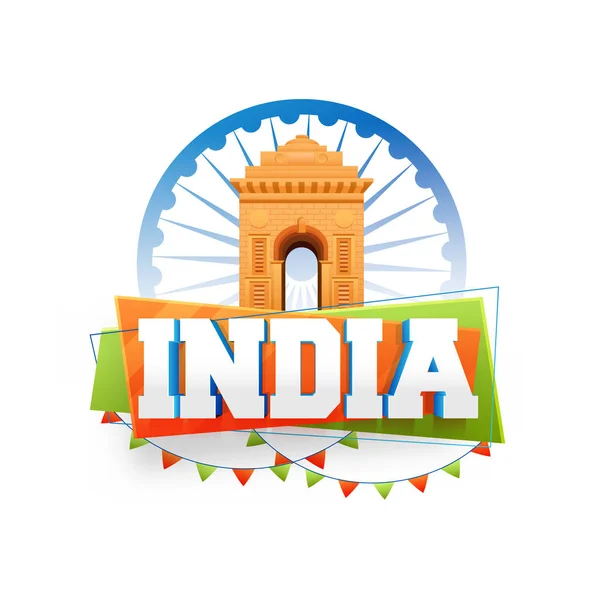 India Gate Met Stijlvolle Tekst India Ashoka Wiel Witte Achtergrond — Stockvector