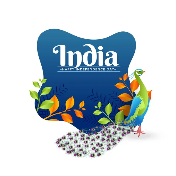 Şık Metin Hindistan Tavus Kuşu Safran Yeşil Renkli Yapraklarda Mavi — Stok Vektör
