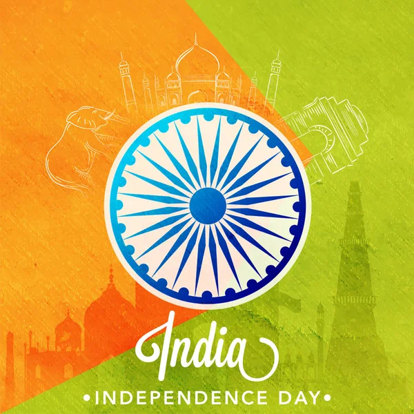 India Independence Day Celebration Concept Ashoka Wheel Indian Doodle Monumnets — Stock Vector