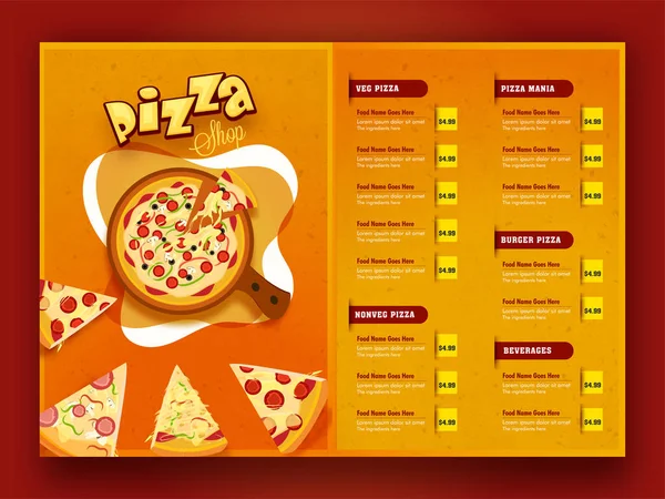 Menú Comida Pizza Para Restaurante Cafetería — Vector de stock