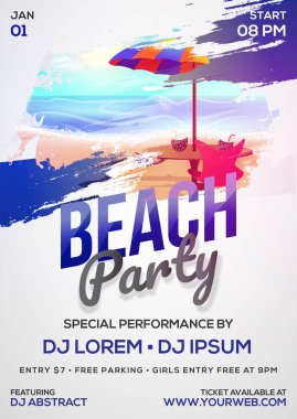 Plaj partisi, poster, afiş veya el ilanı tasarım. Yaz tatil kavramı.