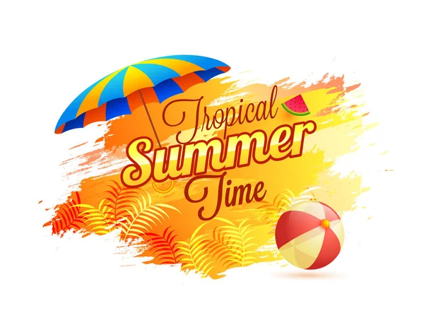 Tropický Letní Čas Plakátu Nápisu Nebo Flyer Design Listy Deštník — Stockový vektor