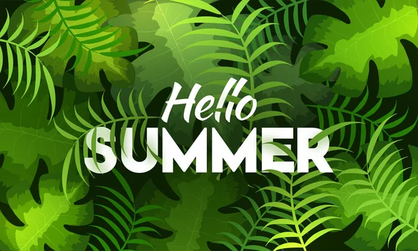 Texto Con Estilo Hello Summer Green Hojas Fondo — Vector de stock