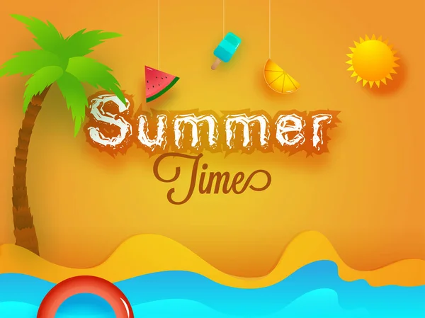 Palmiye Ağacı Güneş Plajı Manzaralı Yaz Zaman Başlık Sayfası Poster — Stok Vektör