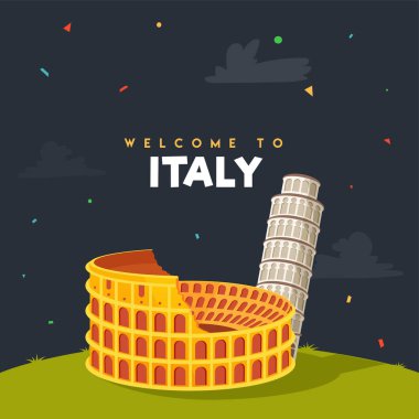 İtalya, poster, afiş veya el ilanı Kolezyum, Roma ve Pisa, leaning tower ile hoş geldiniz. 