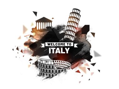 İtalya, poster, afiş veya el ilanı Kolezyum, Roma ve Pisa, kahverengi grungy arka plan üzerinde leaning tower ile hoş geldiniz.