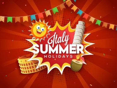 Colosseum, pisa Kulesi, mutlu tarih Pzr kırmızı popüler sanat arka plan ve renkli kiraz kuşu bayrakları İtalya yaz tatil konseptiyle.