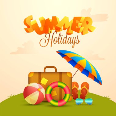 Afiş tasarımı çanta, şemsiye, voleybolu top, parmak arası terlik ve güneş gözlüğü bej renkli arka plan üzerinde seyahat ile yaz tatilleri. 
