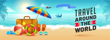 Seyahat çantası, voleybol, parmak arası terlik ve plaj görünümü ile web banner tasarımı dünya çapında seyahat. 
