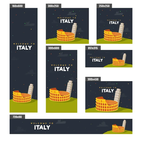 Summer Holidays Itlay Poster Banner Design Colosseum Pisa Tower Illustration — Stock Vector