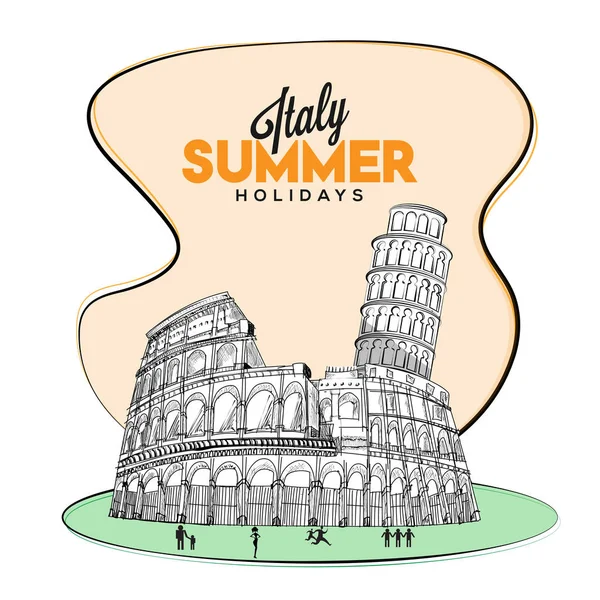 Cartel Vacaciones Verano Italia Con Lápiz Garabato Ilustración Del Coliseo — Vector de stock