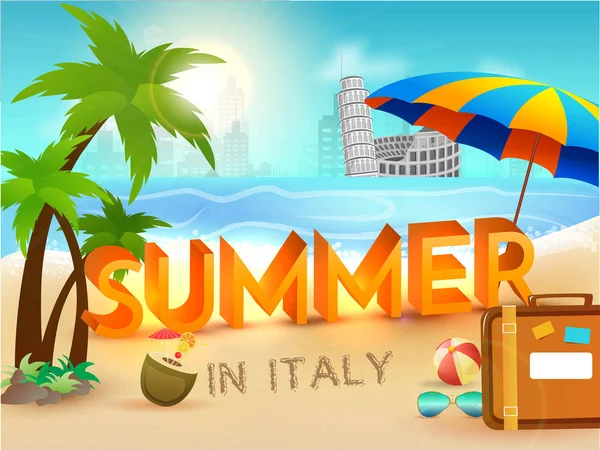 Summer Italy Poster Stylish Text Travel Bag Umbrella Sea Side — Stock Vector