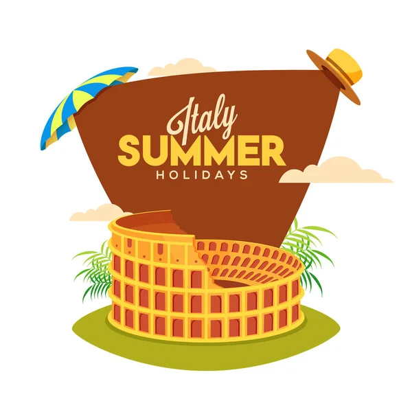 Italy Summer Holidays Poster Colosseum Umbrella Hat Nature Background — Stock Vector