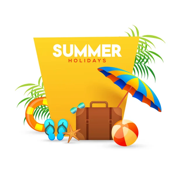 Summer Holidays Poster Traveling Bag Umbrella Volley Ball Flip Flops — Stock Vector