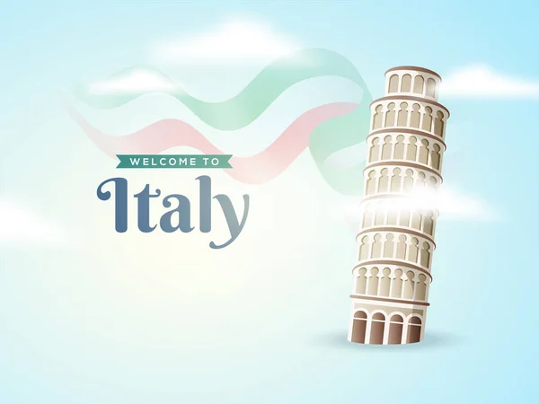 Welcome Itlay Poster Banner Flyer Illustration Pisa Leaning Tower Flag — Stock Vector
