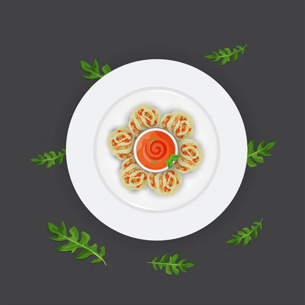 Momos Boulettes Traditionnelles Népalaises Servis Avec Chatni Sauce Tomate Épicée — Image vectorielle