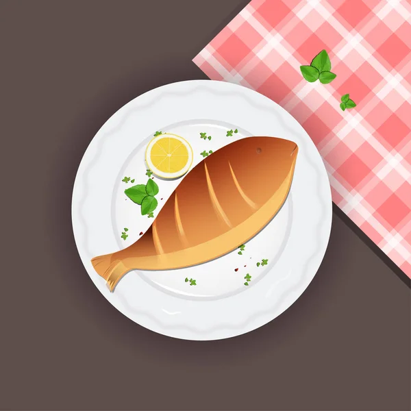 Pescado Parrilla Con Hojas Limón Albahaca — Vector de stock