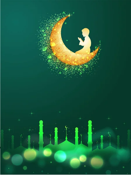 Золотая Луна Исламский Мальчик Предлагает Намаз Мечетью Зеленом Фоне — стоковый вектор