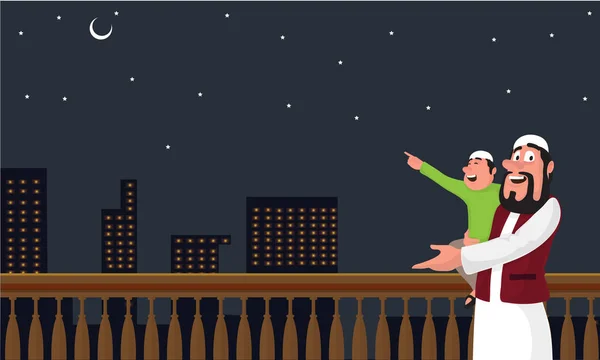 Ramadán Mubarak Concepto Celebración Con Hombre Islámico Niño Paja Luna — Vector de stock