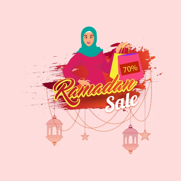 Venda Ramadã Cartaz Banner Design Panfleto Com Saco Segurando Menina — Vetor de Stock