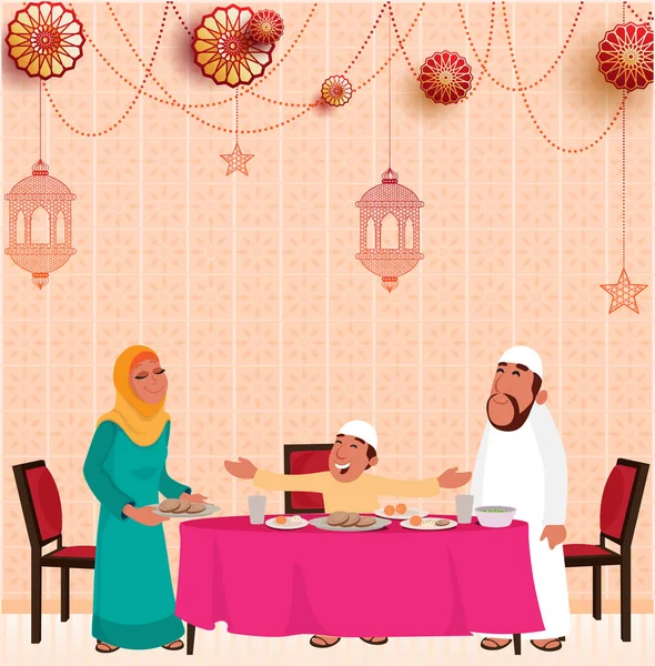 Iftar Concepto Celebración Con Familia Islámica Disfrutando Fiesta Linternas Colgantes — Vector de stock