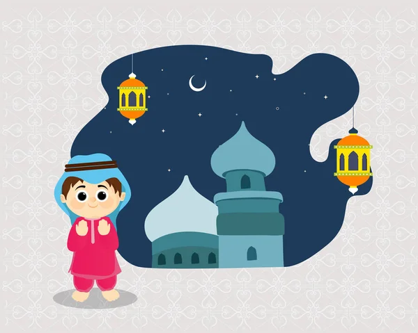 Исламский Ребенок Мечеть Ночной Фон — стоковый вектор