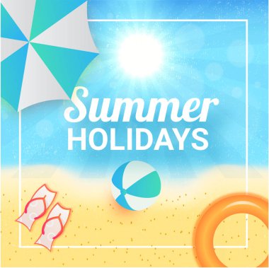 Yaz tatil poster, afiş veya el ilanı şemsiye, beyaz, voleybol ve sunny beach yan görünüm.