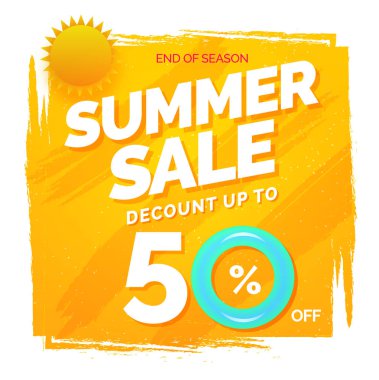 Sıcak yaz satışı el ilanı, poster ya da şık metin ve % 50 indirim teklifi, sarı arka plan afiş tasarımı.