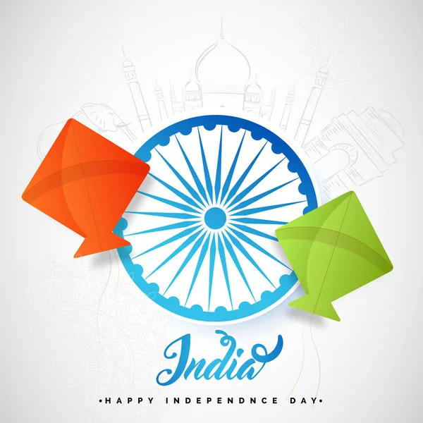 Indian Independence Day Celebration Concept Saffron Green Colour Kites Ashoka — Stock Vector