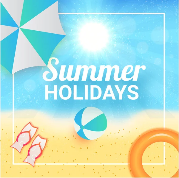 Summer Holidays Poster Banner Flyer Umbrella Flipflops Volleyball Sunny Beach — Stock Vector