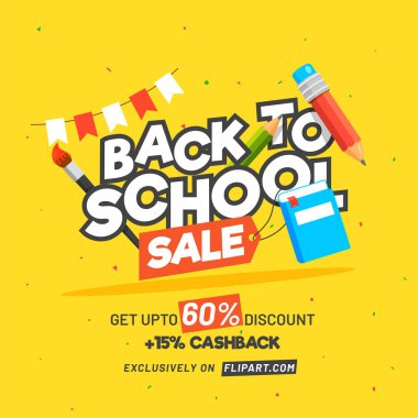 Upto % 60 almak indirim ve %15 Cashback teklif ile satış Okulu için poster veya başlık sayfası tasarımı için kapalı sağlayan öğeleri sarı arka plan üzerinde.