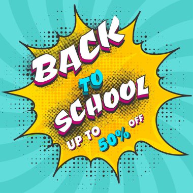 Upto %50 off sunuyoruz mavi noktalı resim ışınları arka plan, etikette pop sanat okulu için metni için başlık sayfası veya Poster tasarımı.