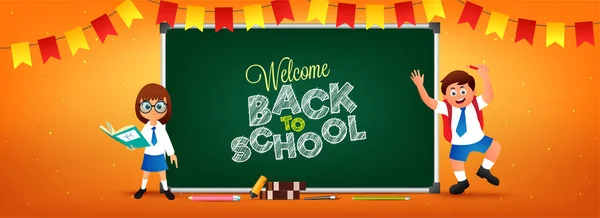 Welcome Back School Written Chalk Green Board Character Girl Holding — Stock Photo, Image