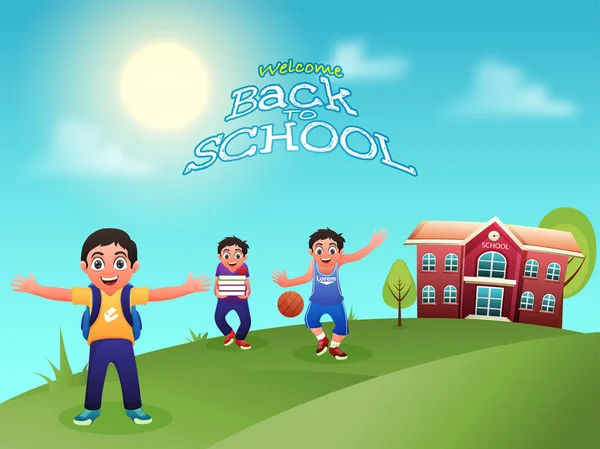 Three Boys Front School Building Sunrise Nature Background Back School — Stock Photo, Image