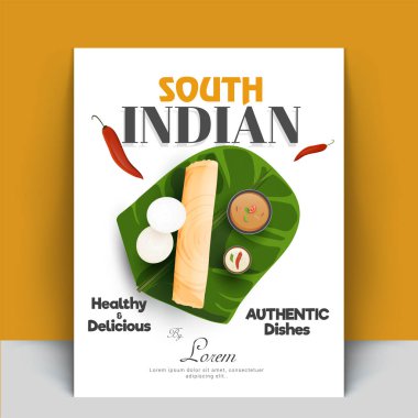 Authentic south indian cook book or recipe book cover designs with masala dosa, sambhar, coconut chutney, and idli. clipart